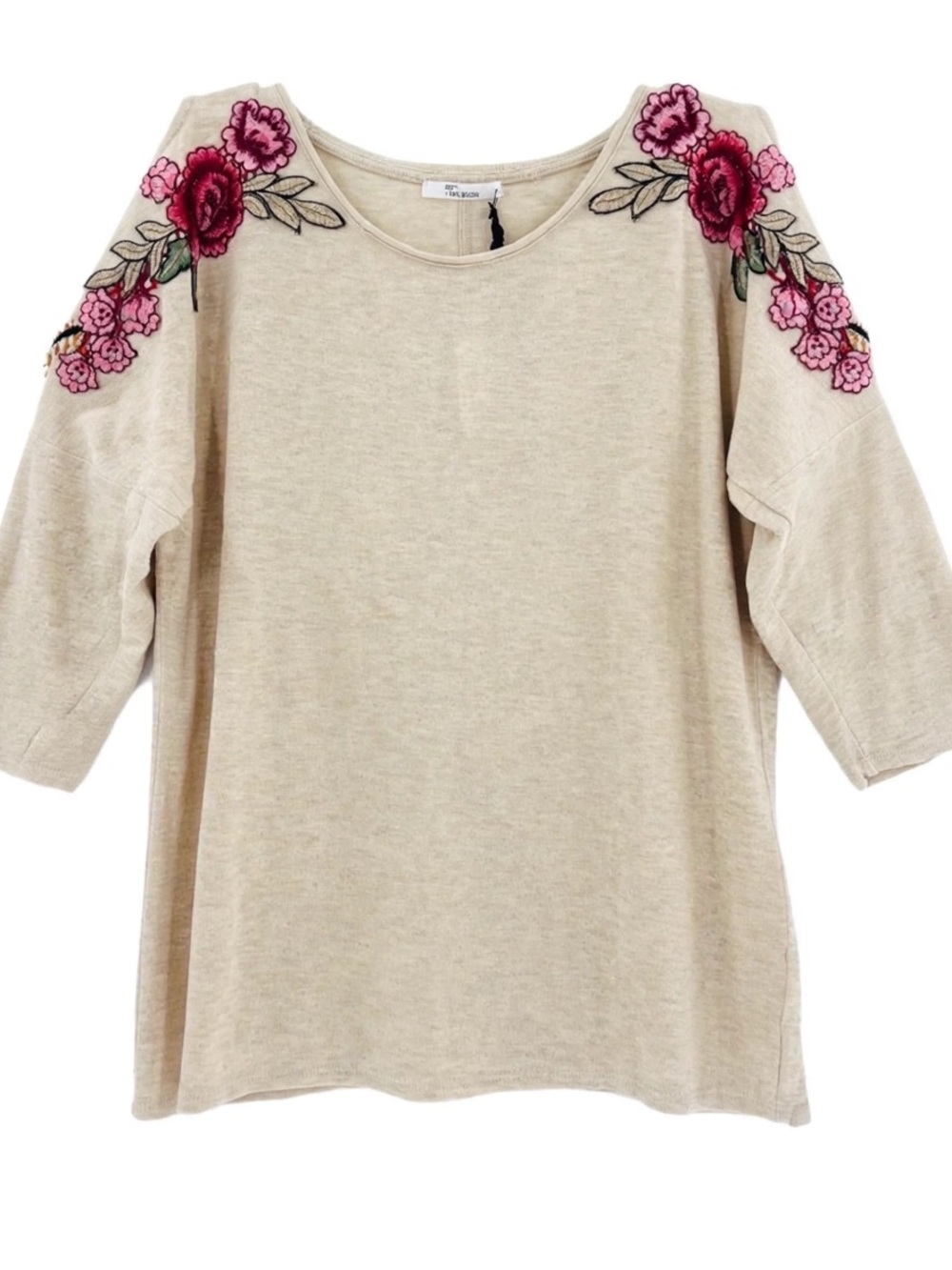 89th + Madison Oatmeal Rose Embroidered Cold Shoulder Top PL NWT